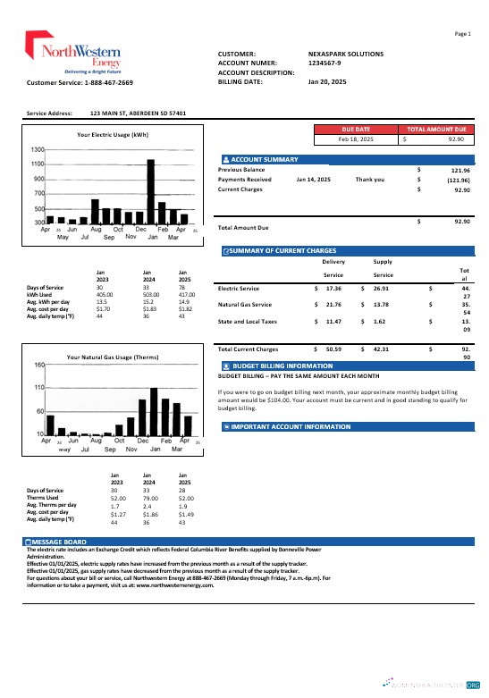 USA NorthWestern Energy business utility bill template in Word and PDF formats, version 1